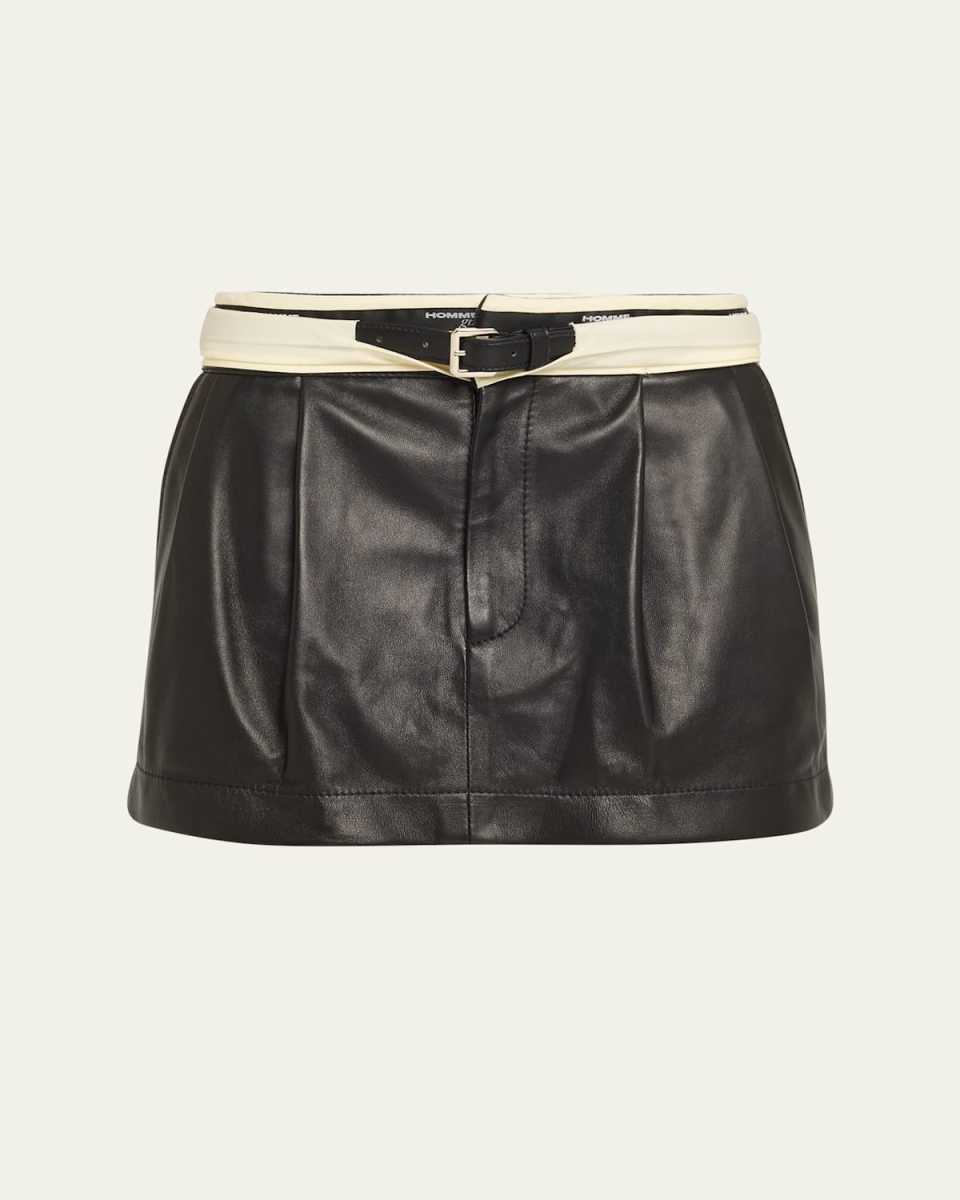 Belted Flip-Waist Leather Mini Skirt